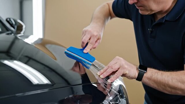 Professional automotive detailer applying transparent paint protection film to a black car hood using a blue squeegee tool in a brightly lit vehicle detailing garage workshop.
