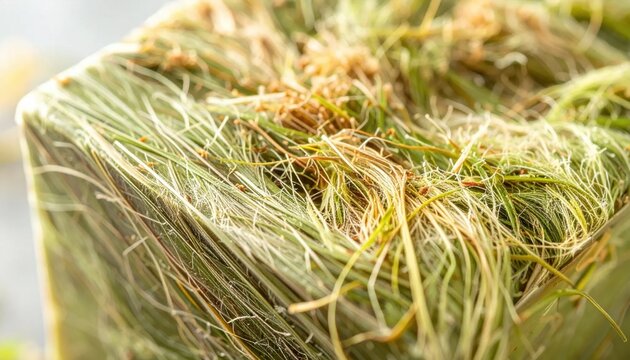 closeup of a rectangular bale of hay with textured dry green grass strands, agricultural farming feed, natural organic fodder, pastoral texture
