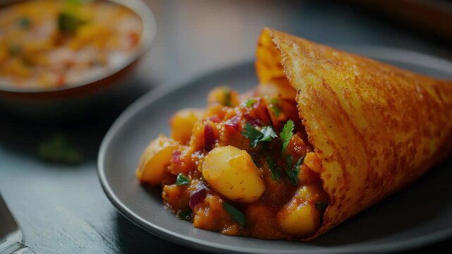 An appetizing close-up of a samosa chaat on a plate with other dishes in the background, offering a vibrant and flavorful street food experience.