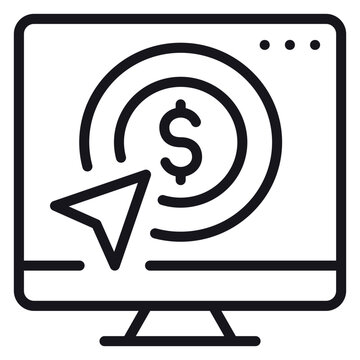 Pay per click vector icon illustration. Black line art symbol of a computer monitor with a mouse cursor clicking on a dollar sign target, representing online advertising and digital marketing.