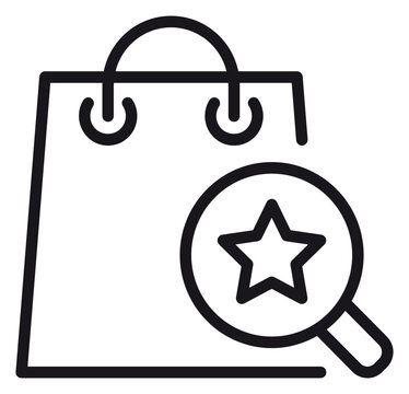 Shopping bag with magnifying glass and star vector icon, representing product search, favorite items discovery, retail commerce search feature, and premium shopping experience illustration.