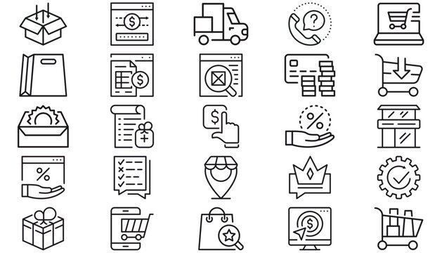 E-commerce and business vector icon set bundle featuring 25 black minimalist symbols for online shopping, logistics, finance, retail, delivery, customer support, payments, marketing, and web design.