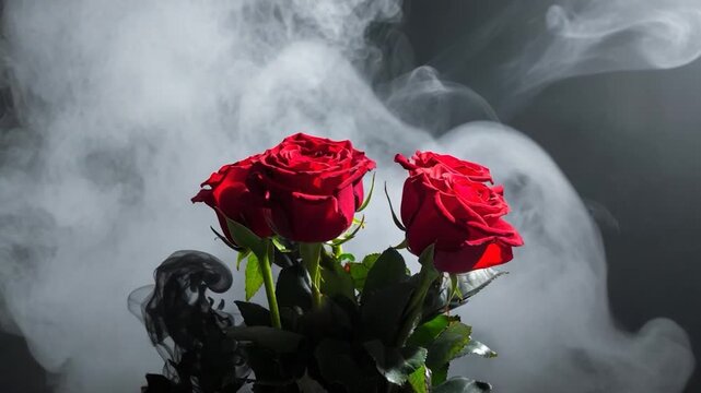 Vivid red roses emerge from a bed of black ink amidst billowing white smoke on a dark background