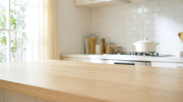 Wooden kitchen countertop background for mockup with blurry white minimalist interior and natural light for product display