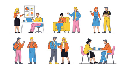 Fototapeta premium Diverse flat vector set of people in social and business interactions. Diverse characters working, talking, using laptops and smartphones, sitting on chairs and armchairs, isolated on a white backgrou