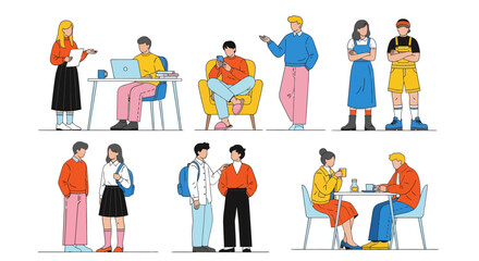 Fototapeta premium Diverse flat vector set of people in social and business interactions. Diverse characters working, talking, using laptops and smartphones, sitting on chairs and armchairs, isolated on a white backgrou