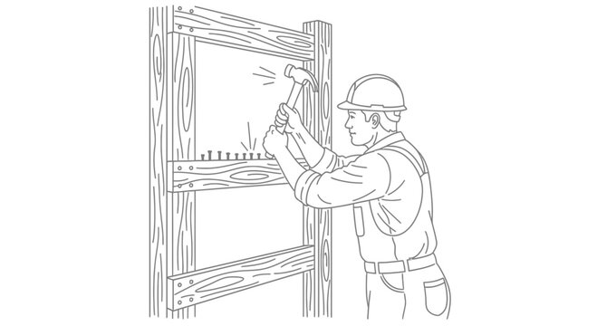 Illustration of a construction worker wearing a hard hat using a hammer to nail wooden planks together, depicting manual labor and carpentry skills in a DIY project or home renovation