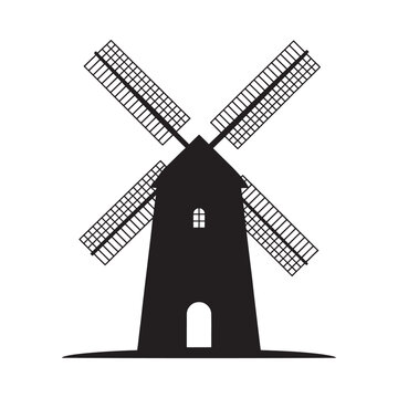 A stark black silhouette of a traditional windmill against a white background