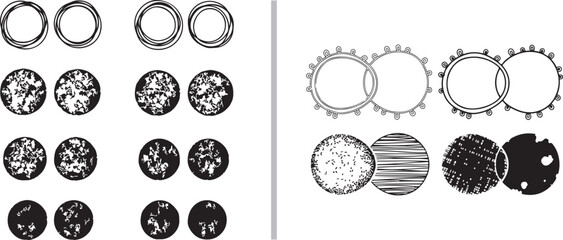 Fototapeta premium Hand drawn circular graphic elements and textured icons in black and white vector illustration set for architectural site plans and design