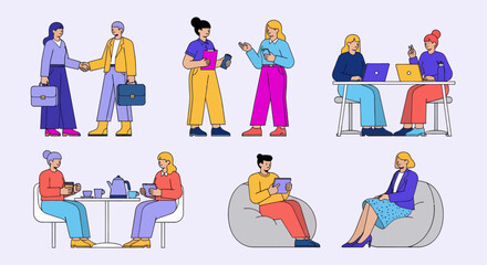 Fototapeta premium Diverse people working, collaborating, and relaxing. Flat vector set with business handshake, laptop tasks, coffee breaks, and health check-up.