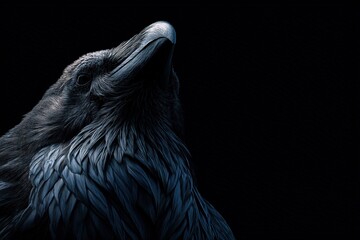 Obraz premium Close-up portrait of a raven with detailed feathers on dark background
