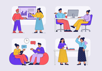 Fototapeta premium Set of four flat vector illustrations featuring diverse business people collaborating, presenting data, working at desks, and on beanbags. Modern office teamwork and productivity concept.