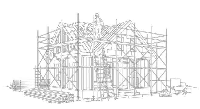 Architectural illustration of a house under construction, featuring scaffolding and building materials for a new home development