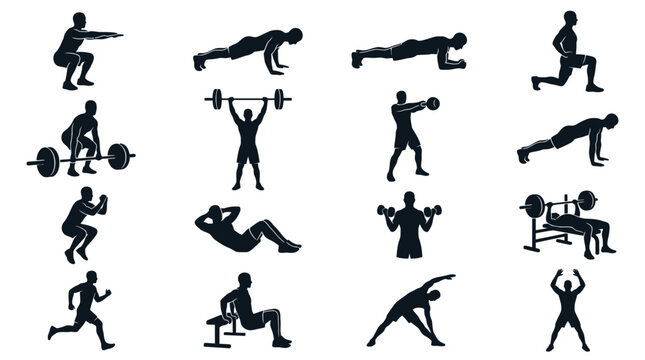 Silhouettes of people exercising with weights.