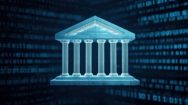 Digital Bank Building Hologram Surrounded by Binary Code and Data Visualization Elements for Financial Technology Concepts