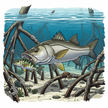 Snook attacking baitfish in mangrove habitat, illustration.
