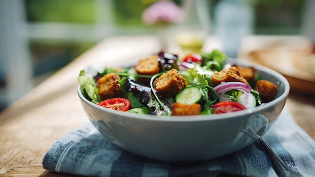 Fresh green salad with vegetables and croutons in bowl. Healthy eating concept with natural light and vibrant colors
