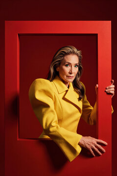 Middle-aged woman with ash-blonde hair peeks through a rectangular red frame, wearing a structured yellow blazer with dramatic puffed sleeves against a monochromatic crimson backdrop.