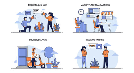 Fototapeta premium Set of four flat vector illustrations: marketing, marketplace transactions, courier delivery, and customer reviews. E-commerce business concepts.
