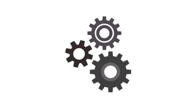Three interlocked grey gears rotating in dynamic motion against white background symbolizing teamwork connection mechanism and industry concepts