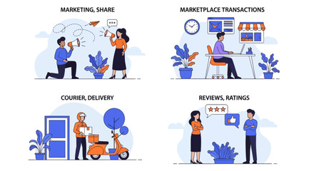 Fototapeta premium Set of four flat vector illustrations: marketing, marketplace transactions, courier delivery, and customer reviews. E-commerce business concepts.