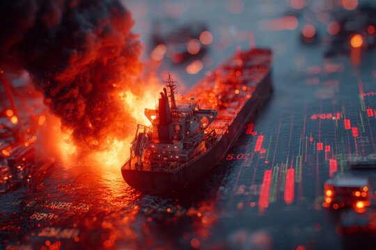Fire and smoke erupt over a stalwart ship in the persian gulf's heart. Market volatility. A cargo ship endures subtle assault, light smoke and hovering aircraft. Market forecast.