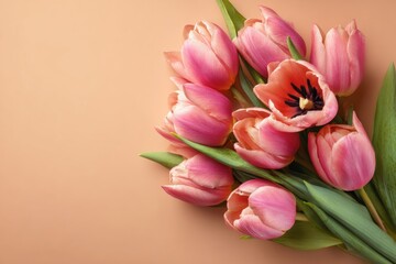 Fototapeta premium Springtime elegance: a pastel display of nature's beauty. Clean layout. Pastel harmony: tulips gracing a subtle peach landscape. Professional photo. Rule thirds.