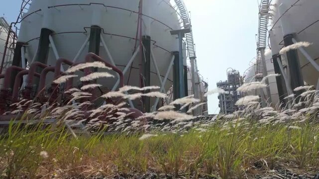 Large Spherical Gas Storage Tanks at Petrochemical Plant with Cogon Grass Blowing in the Wind