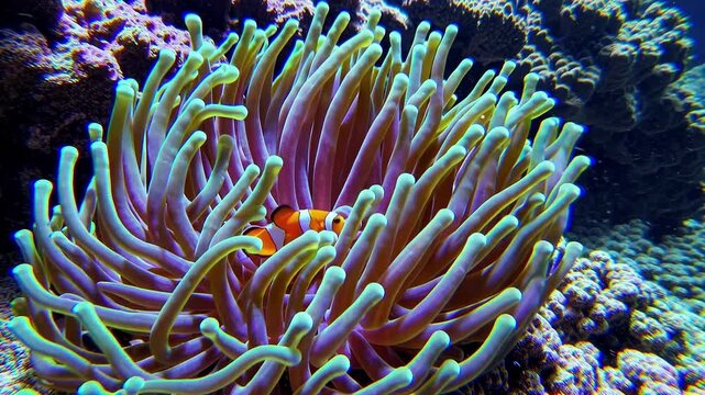 Western clownfish, or ocellaris clownfish, swimming peacefully among the vibrant, stinging tentacles of a sea anemone, displaying a perfect example of symbiotic relationship in a marine reef