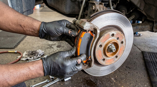 Mechanic hands wearing black gloves installing new orange brake pads onto a car disc rotor assembly.