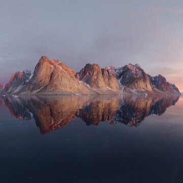 Reflections of majesty: bear islands' mountains in greenland's vast wilderness. Data insights. Panoramic reflection of bear islands' mountain range in northeast greenland. Big data.