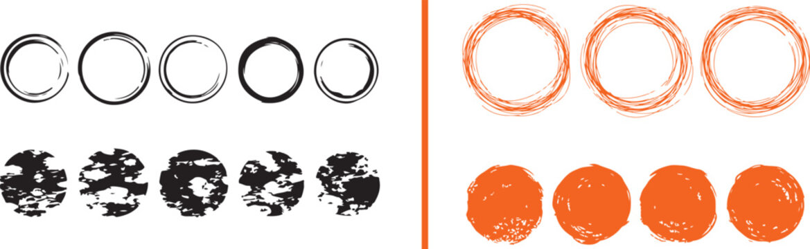 Set of Grunge Circle Brush Strokes and Textured Round Shapes Vector Illustration for Branding and Frames