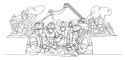 Obraz premium Firefighters team planning rescue mission near burning city continuous one line drawing emergency concept