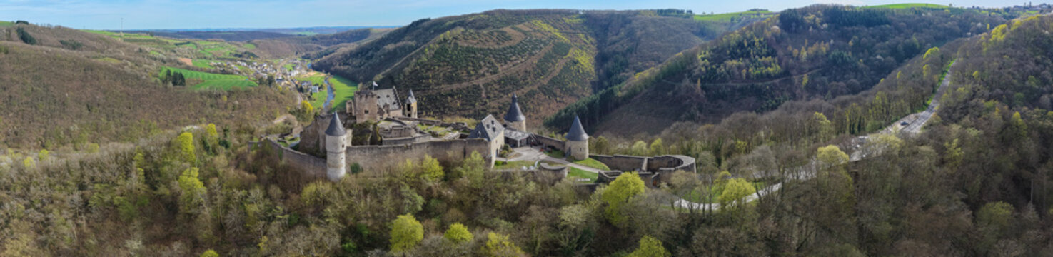 Aerial view of the village Bourscheid in Luxembourg on a cloudy afternoon in late winter.