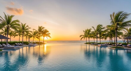 Fototapeta premium Stunning tropical resort with an infinity pool reflecting a vibrant sunset over the ocean, framed by lush palm trees.