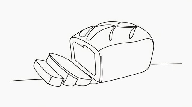 Minimalist continuous line drawing of sliced bread loaf on white background.