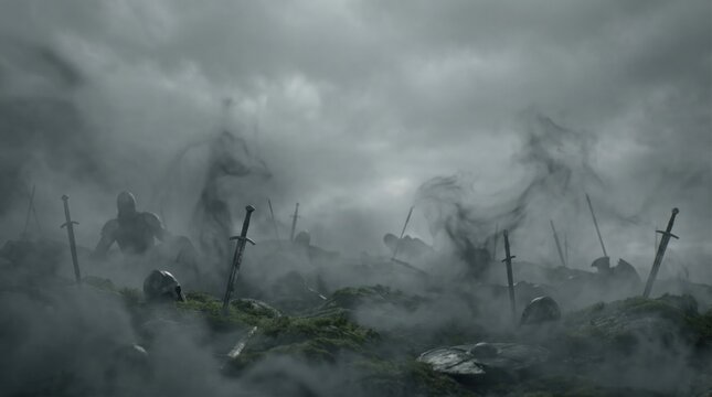 Dramatic landscape with swords in a foggy environment