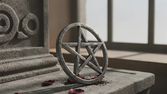 Video still of pentagram symbol on stone altar.