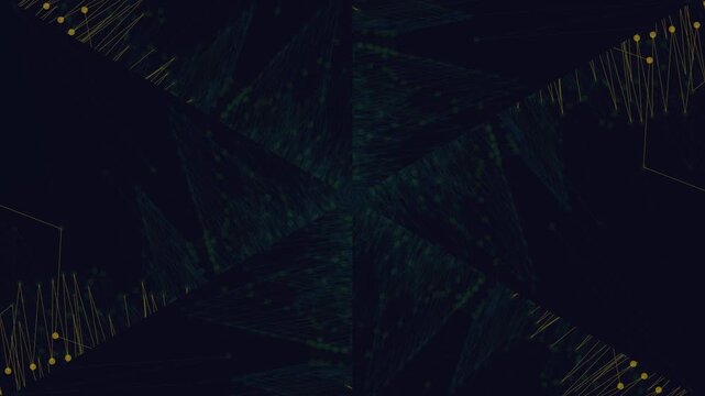 Abstract geometric star pattern with connecting dots intricate lines symmetrical design dark backdrop vibrant yellow accents and teal center