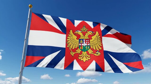 Flag Featuring a Double Headed Eagle Emblem Waving Against Blue Sky