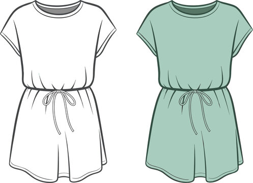 Short sleeve romper playsuit with drawstring waist fashion illustration flat vector