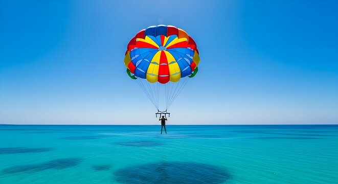 Vibrant Aerial Parasailing Adventure over Turquoise Ocean with Clear Blue Sky