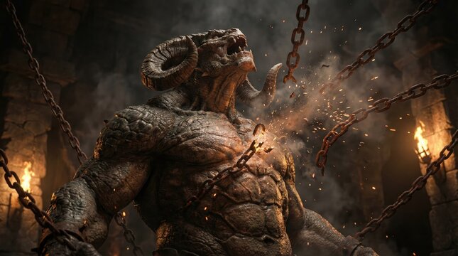 Fantasy creature breaking chains in a dark medieval style environment