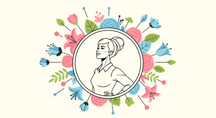 Woman surrounded by floral and leafy decorative elements. © pyoo