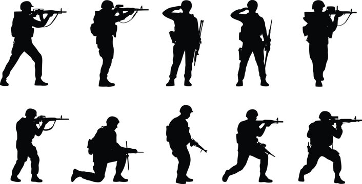 Group of ten black military personnel silhouettes in various action and saluting poses