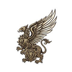 Fototapeta premium Golden griffin illustration with lion head shield emblem