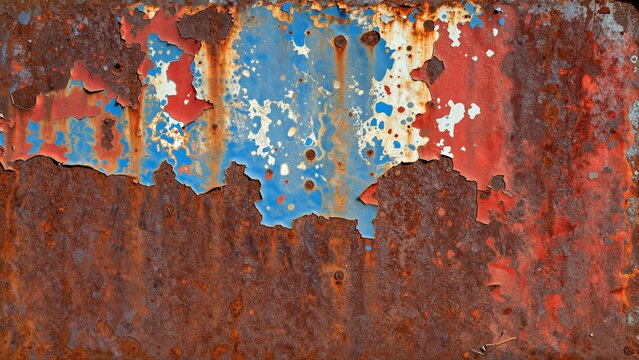 Close-up of a weathered metal surface with peeling multicolored paint and extensive rust patterns.