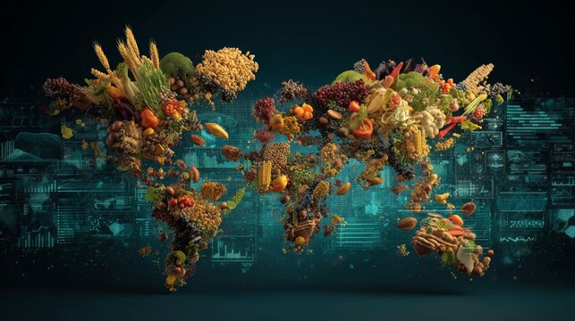 A visual celebration of sustainable farming and global nutritional unity. High-tech graphics. Corn and nuts compose a colorful, detailed world map of global nutrition. Neon displays.