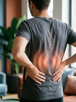 Man with back pain holding his spine. Illustration of scoliosis and curvature of the backbone. Medical concept of spinal injury, physical therapy, chronic ache and musculoskeletal health.