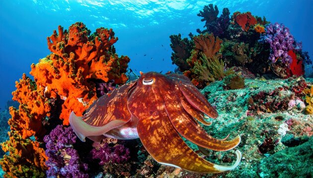 A Flamboyant Cuttlefish Displays Mesmerizing Color Changes and Shifting Tentacles Amidst Vibrant Coral Reefs